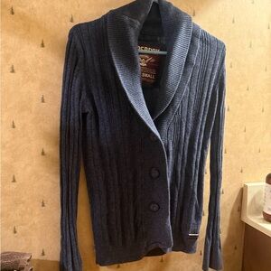 Super Dry Blue Ribbed Cardigan Sweater